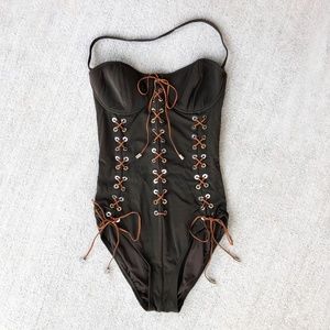Michael Kors One-Piece Chocolate Brown Swimsuit / Lace Up Bathing Suit / New!